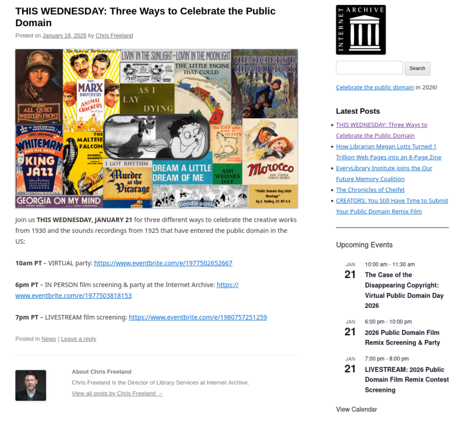 THIS WEDNESDAY: Three Ways to Celebrate the Public Domain Posted on January 18, 2026 by Chris Freeland